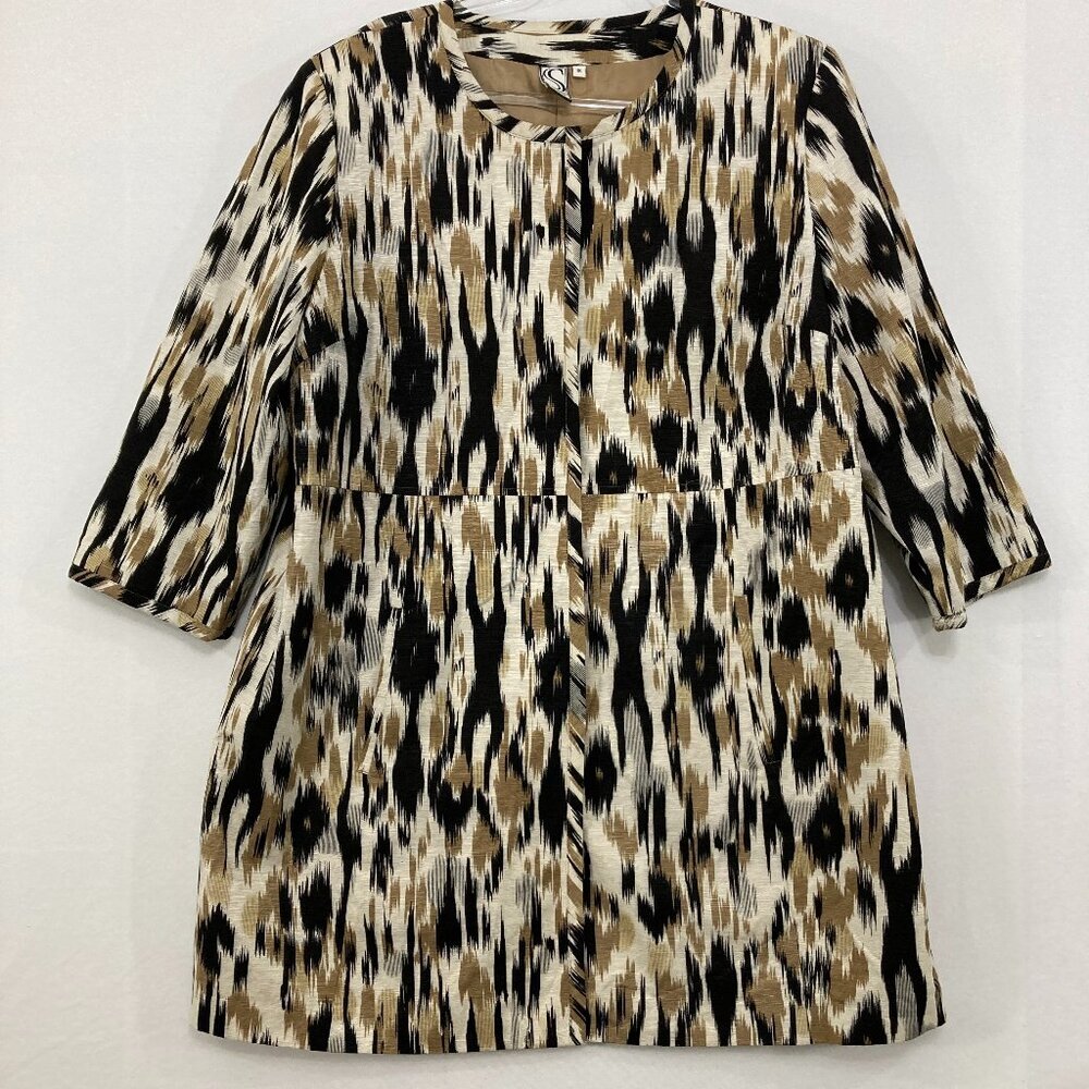 Silk Land size 1X‎ Brown Black Abstract Silk 3/4 Sleeve Button Long Jacket